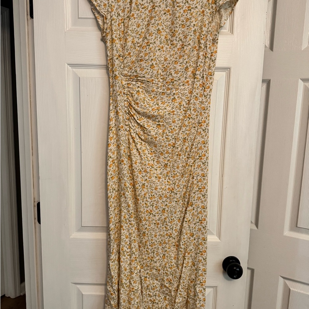 Reformation Gold Asymmetrical Ruched Maxi Dress